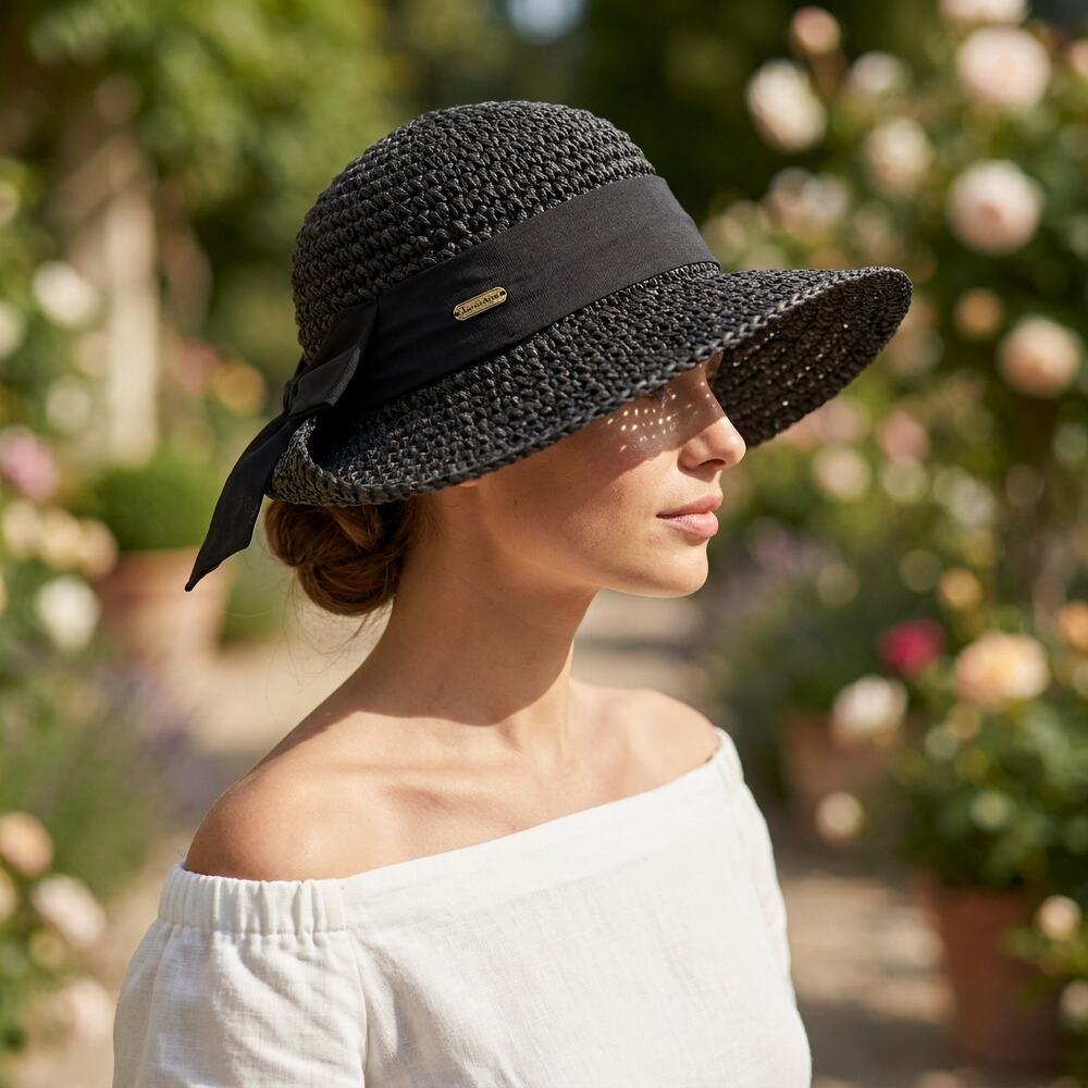 Sun 'N' Sand Black Woven Straw Sun Hat Womens OS Beach Coastal Boho Resortwear